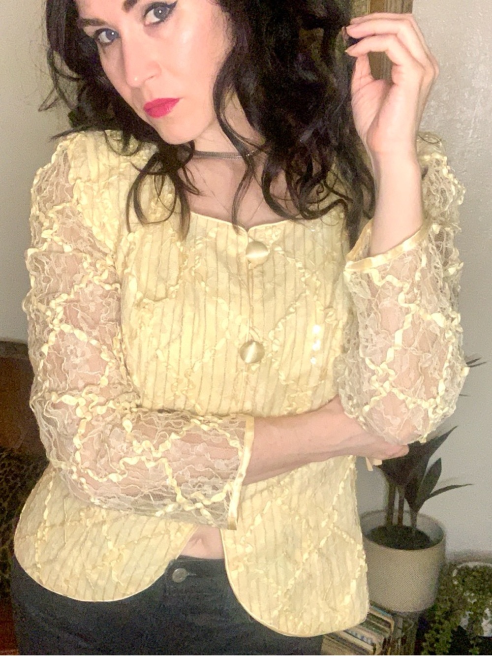 Vintage Nancy Neil Yellow Lace-Trim Blouse